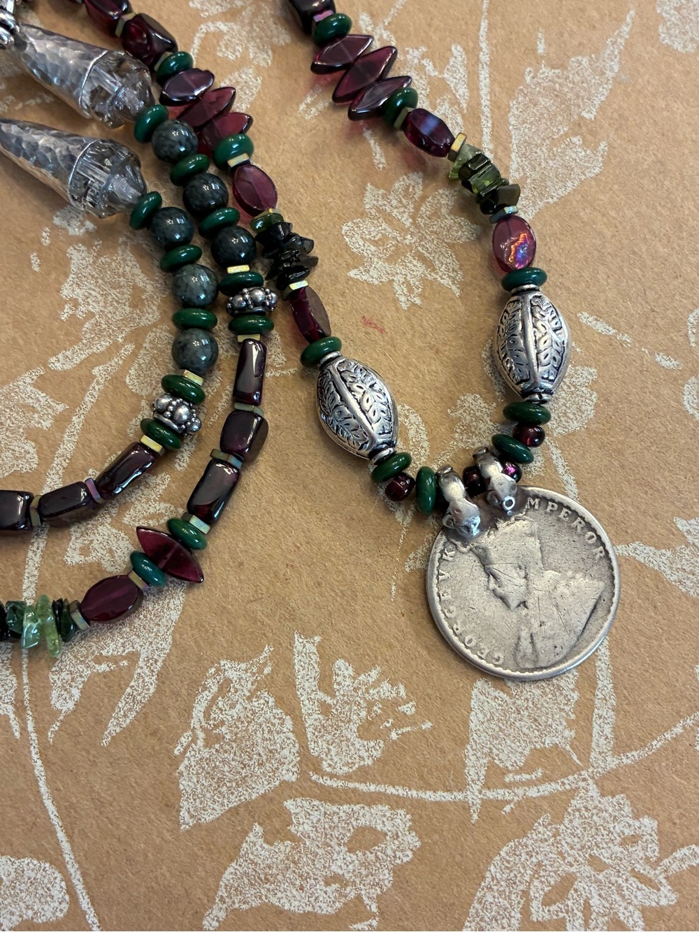 Red & Green Garnet Beaded Necklace with coin pendant & Sterling Silver